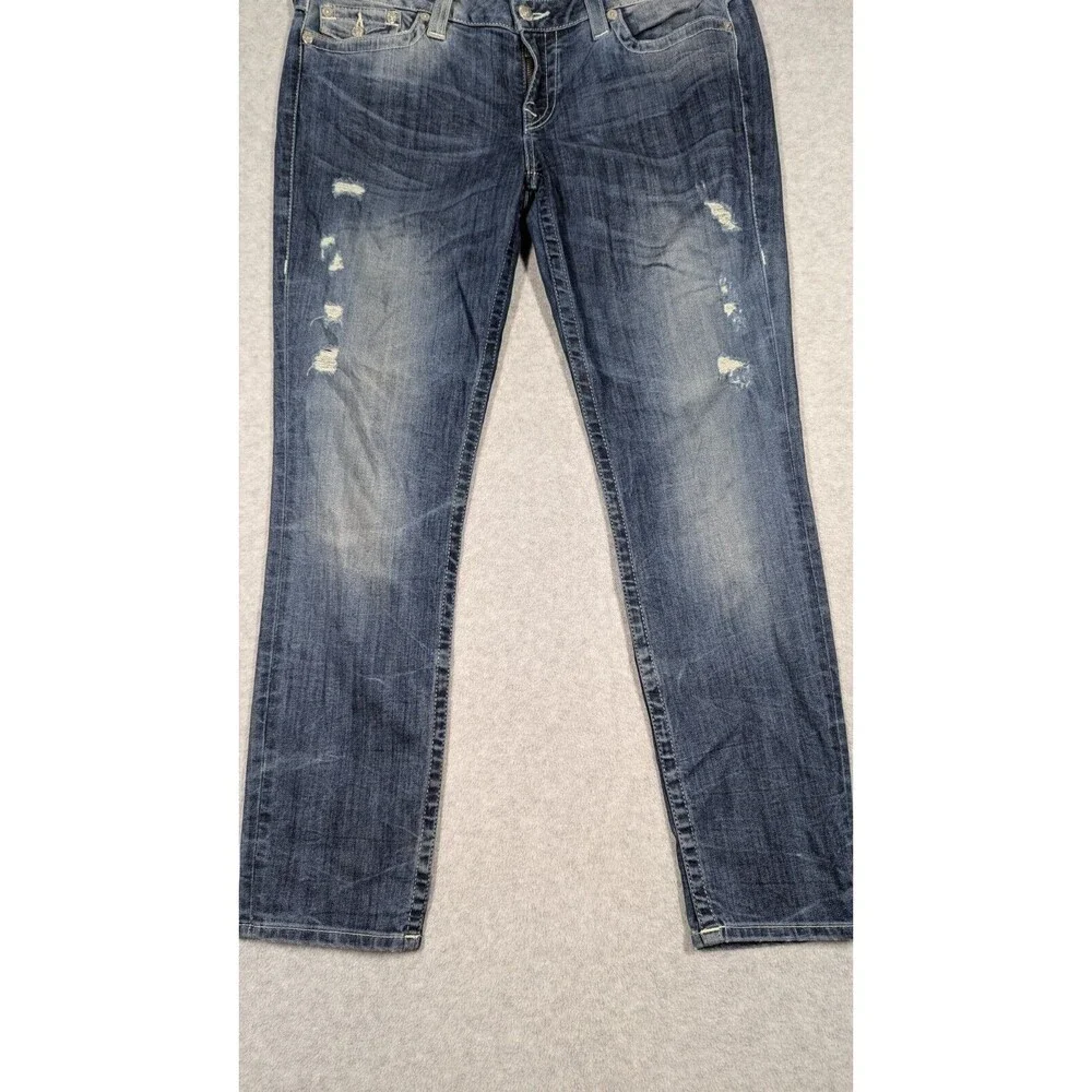 True Religion Men Jeans 36x30 Skinny Whiskering Flap Pockets Light Distress Dark